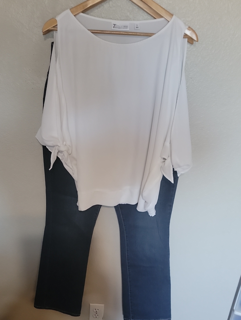 New York & Company White Cold-Shoulder Tie-Sleeve Blouse